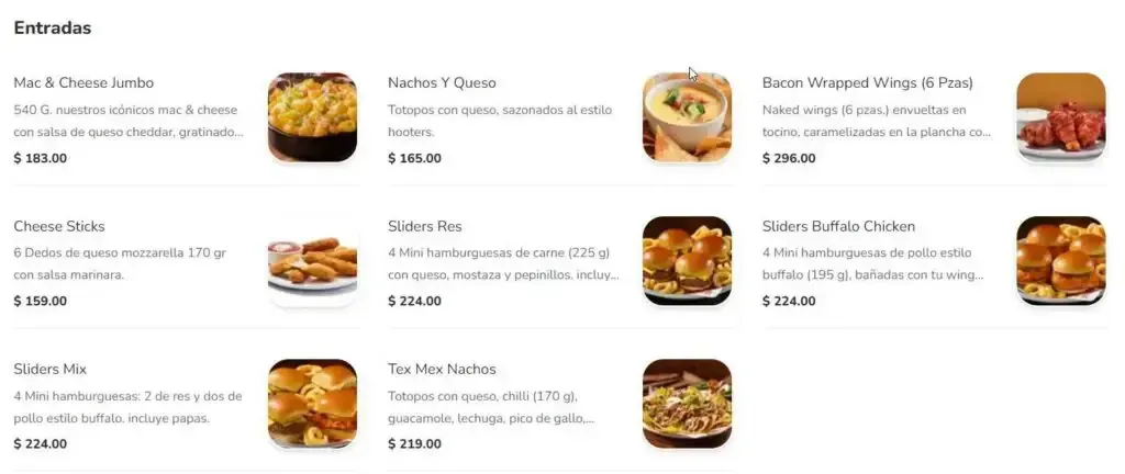 Hooters Entradas Menú