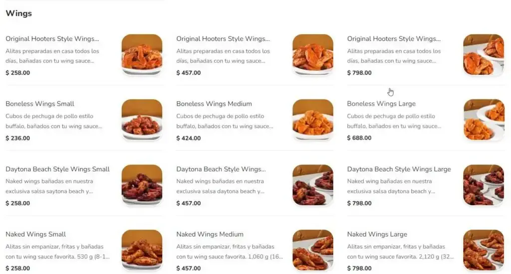 Hooters Wings Menú